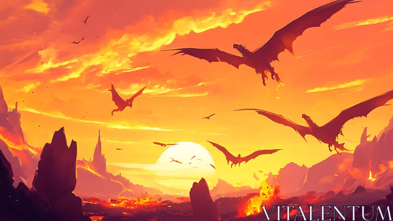 Dragons over volcanic canyon at sunset in orange sky.