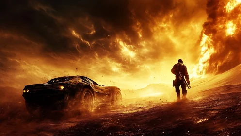 Lone road warrior strides toward the burning storm horizon