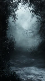 Dense fog over shaded forest path with overhanging foliage.