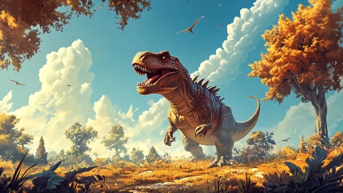 Joyful T. rex strides through a sunny, golden prehistoric valley