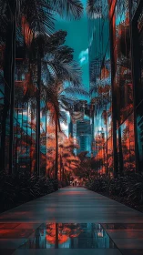 Neon palm corridor slices through mirrored city canyon.