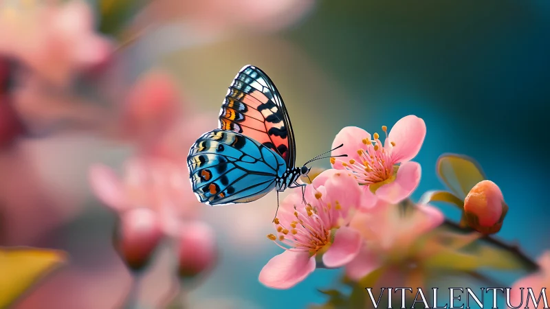 Colorful butterfly rests gently on soft spring blossoms