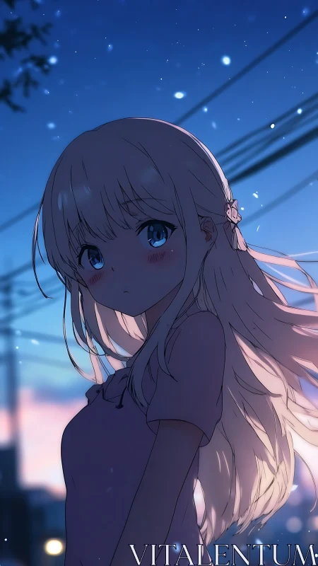 Anime dusk portrait with rim-lit blonde hair and bokeh glow.