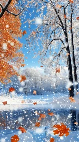 Photorealistic autumn-to-winter riverside transition scene.