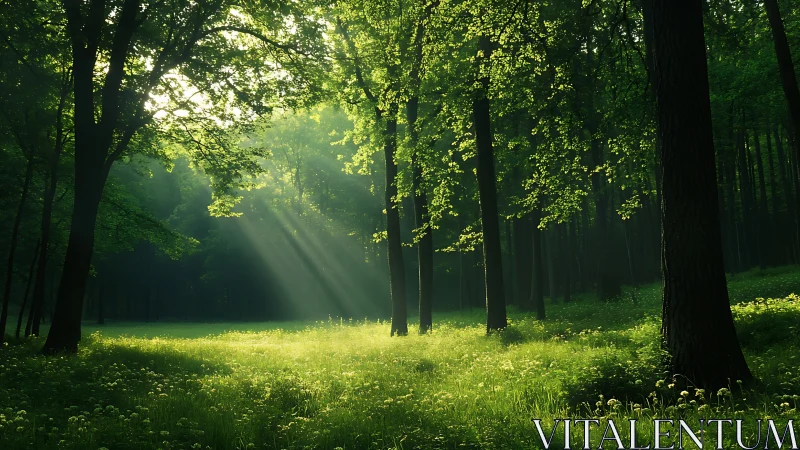 Sunbeams Streaming Through Lush Green Forest in Morning Light.