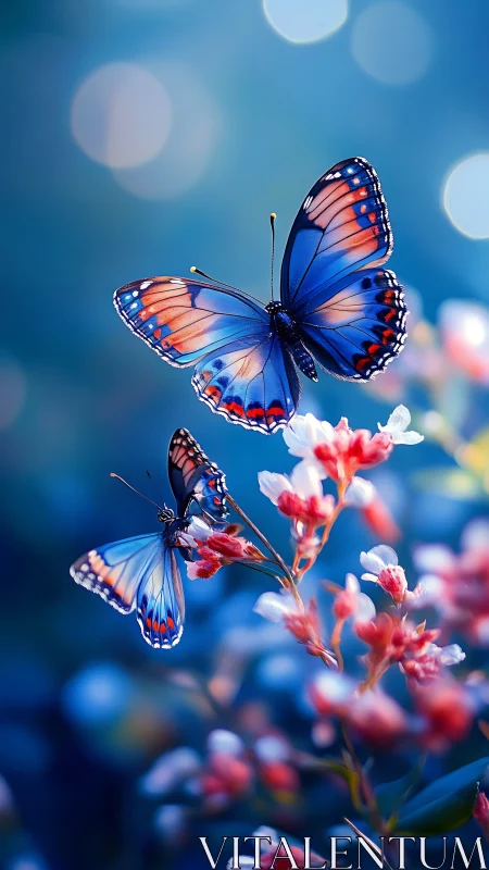 Blue butterflies on pink blossoms against soft bokeh sky.