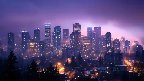 Neon dusk skyline wrapped in violet fog and quiet glow.