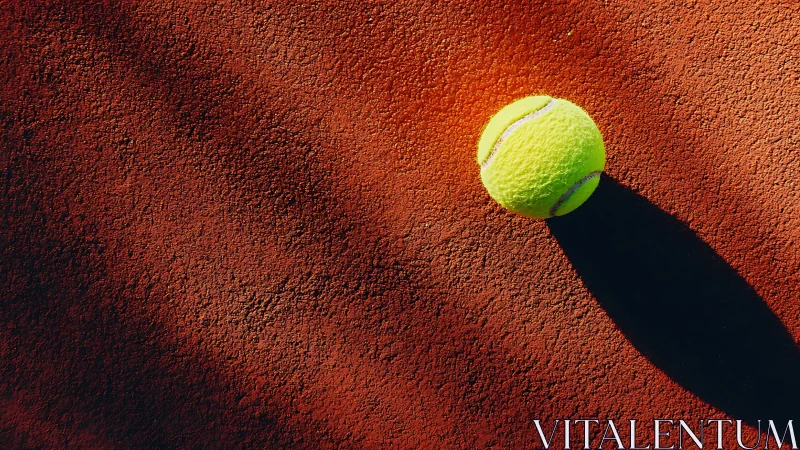 Tennis ball rests on textured red court under strong sunlight