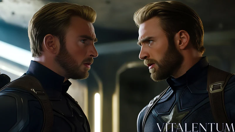 Twin armored heroes lock eyes in a tense mirrored standoff