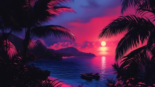 Dreamy neon island sunset with quiet palm-framed shore.