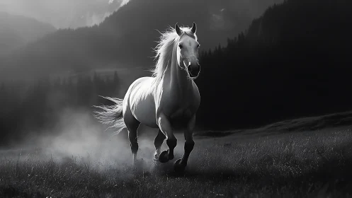 Moonlit wild stallion charging through whispered mountain dusk.