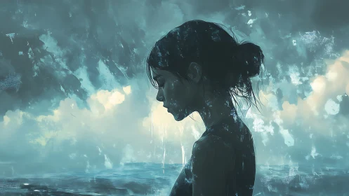 Solitary woman contemplates the sea beneath stormlit skies