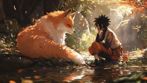 Quiet forest dialogue between fox spirit and young wanderer.