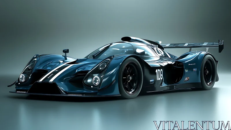 Aerodynamic Le Mans prototype rendered in high-gloss studio lighting