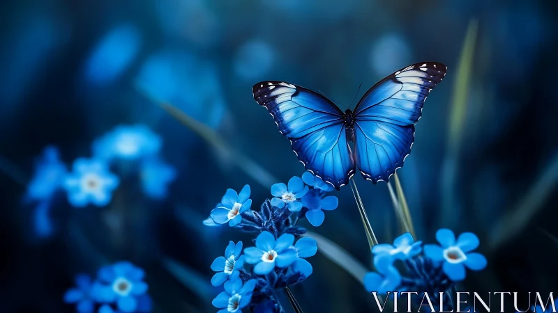 Blue morpho butterfly crowns luminous forget me not blooms.