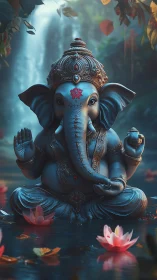 Elephant-headed deity statue seated in lotus pond setting.