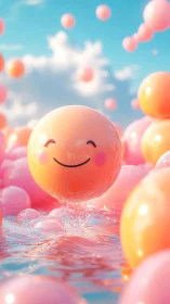 Smiling pastel balloon floats above reflective water pool