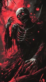 Skeletal humanoid figure with red glowing eyes in dark field.