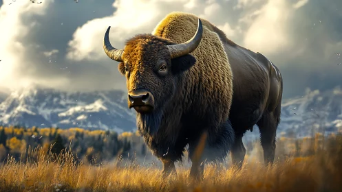 Majestic bison strolling calmly beneath glowing mountain skies.
