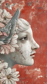Weathered floral bust with cracked porcelain profile and winged adornment