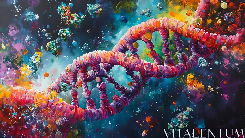 DNA double helix rendered as layered chromatic abstract structure