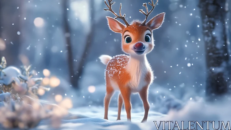 Cute young reindeer glows in soft falling winter snow.