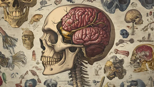 Cutaway human skull exposes detailed brain and anatomy study