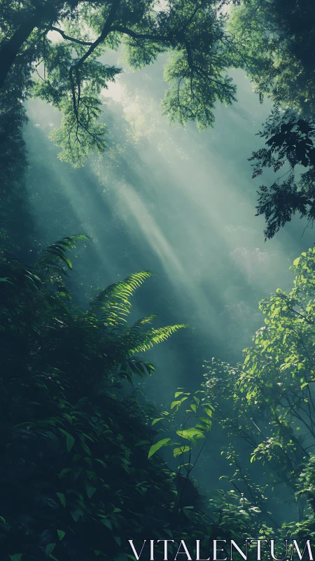Mystical Forest Light Beams Through Lush Canopy.