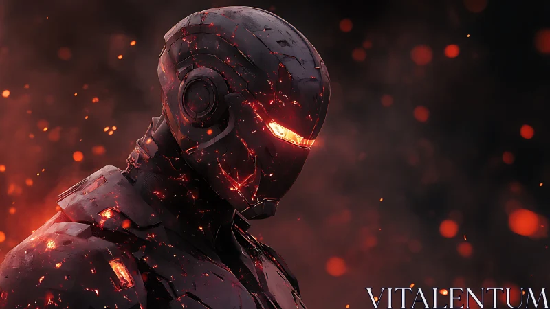 Molten-ember armored combat android in infernal backlight