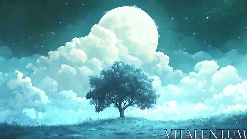 Solitary tree under full moon amid dense illuminated clouds.