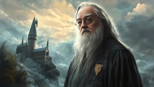 Wise old wizard gazes over a misty castle in the clouds