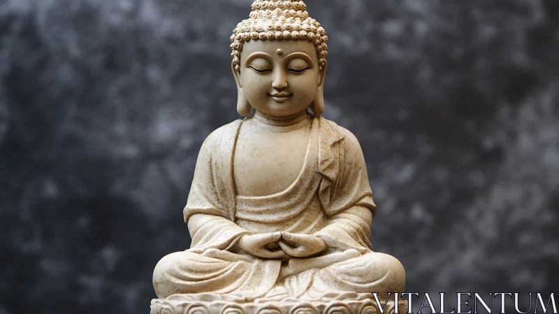 Serene Buddha statue in calm meditation against gray backdrop.