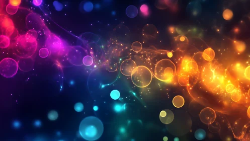 Multicolor abstract light orbs on dark gradient background.