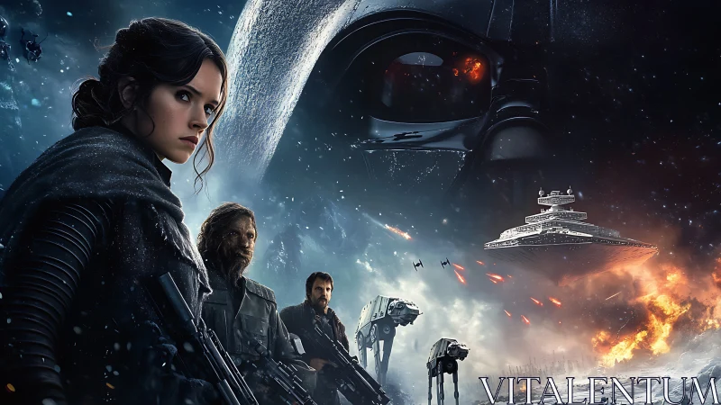 Starlit rebels stride beneath looming masked shadow.