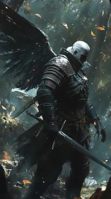 Dark winged warrior stands vigilant in a sunlit forest glade