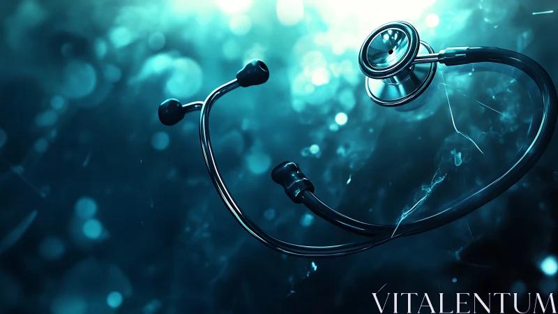 Fluorescent teal stethoscope in suspended clinical macro space.