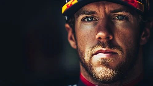 Intense bearded racer portrait in dramatic low key light.