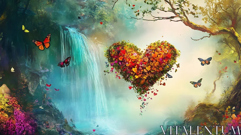 Luminescent Waterfall Garden: Digital Composite Rendered Heart.