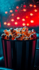 Striped popcorn bucket under neon cinema lighting.