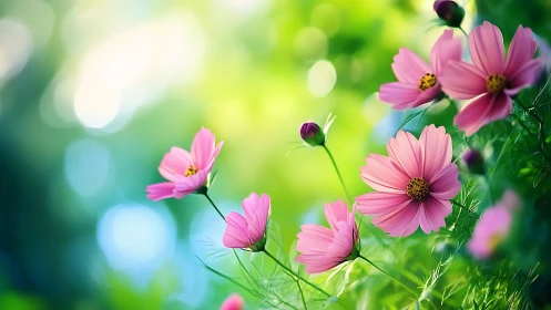 Pink cosmos flowers against soft green bokeh background.