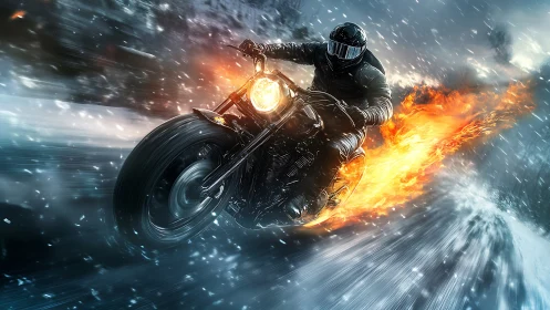 Motorcycle rider on flaming bike in snowy dynamic scene.