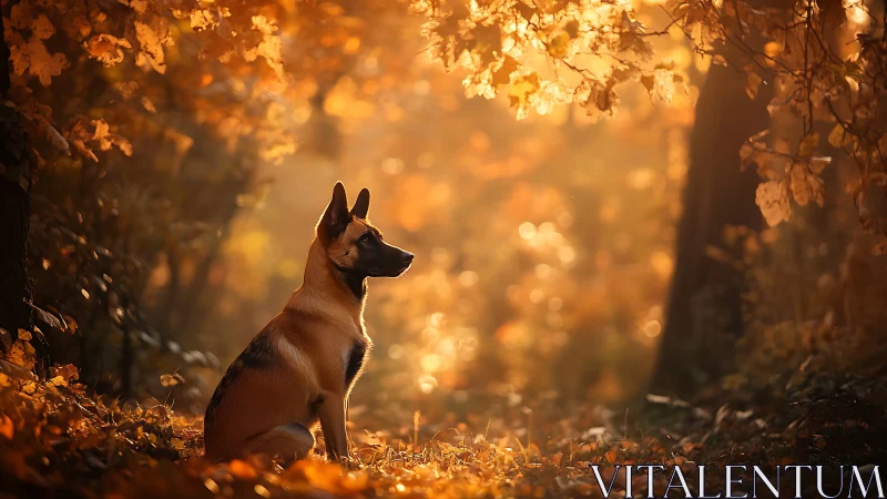 Autumn forest dog bathed in golden backlit sunset glow.