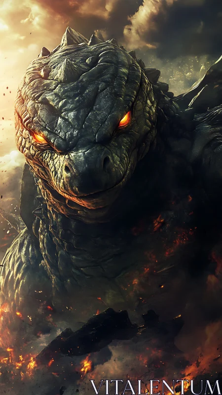 Titanic reptilian kaiju amid molten smoke and stormlight.