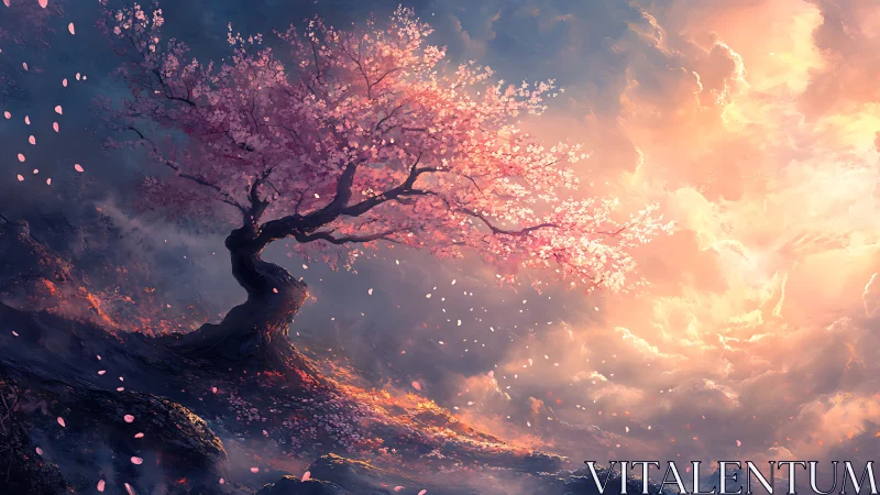 Digital painting of windswept sakura on luminous cliff edge.