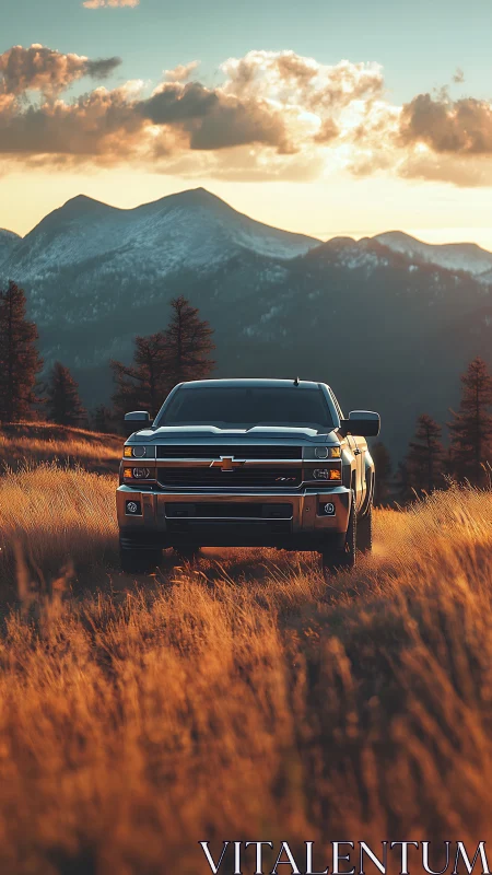 Off-road pickup truck framed by golden meadow and peaks