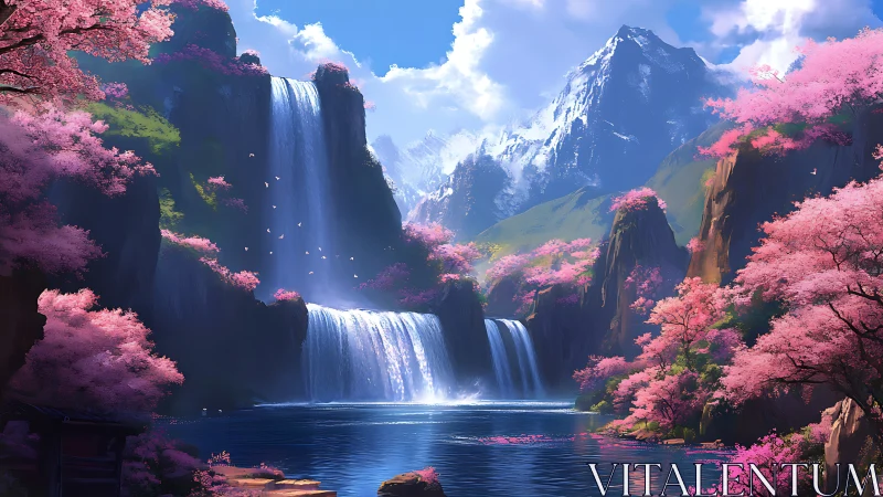 Blossom-draped waterfalls serenade a tranquil mountain valley.