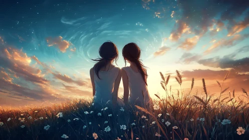 Digital painting of two girls in luminous sunset meadow scene.