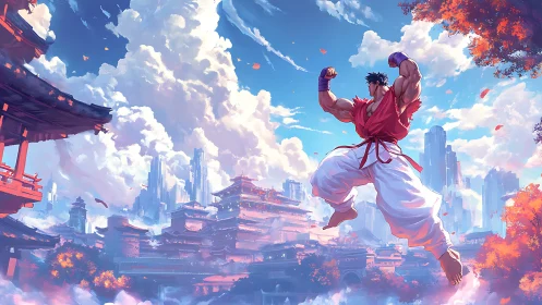 Skyward fighter celebrates above a glowing fantasy cityscape