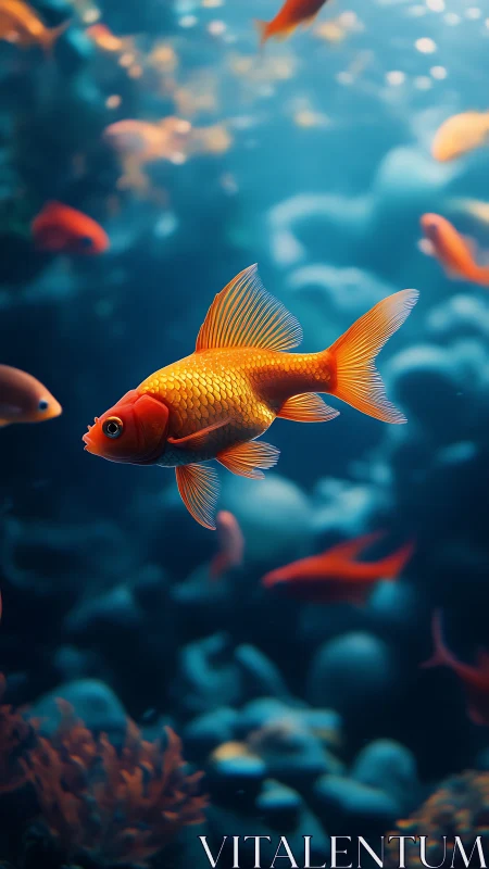 High-contrast orange goldfish in blue bokeh lit reef environment