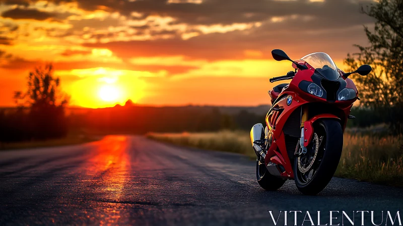 Red sport motorcycle dominates sunset highway horizon.